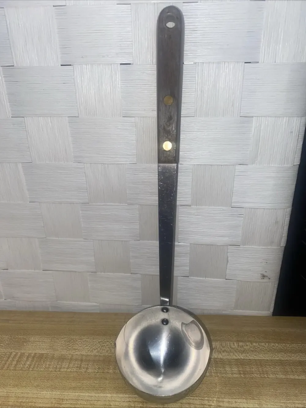 VTG MCM Stainless Steel Soup Ladle Brass Riveted Wood Handle 12” Long